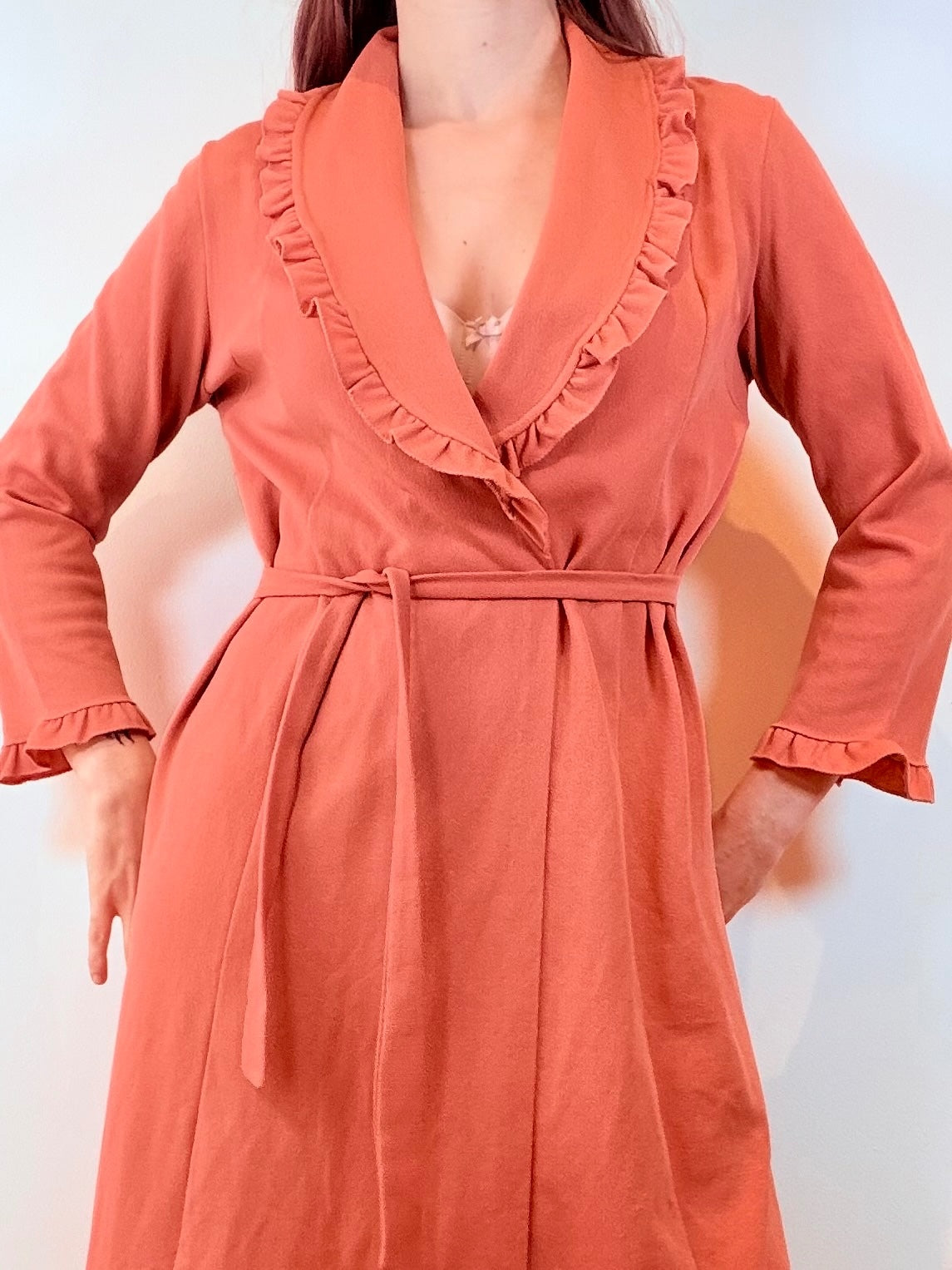 Vintage 1960s Duster Dress Jacket Ruffle Trim Long Sleeve House Coat Size 10 12