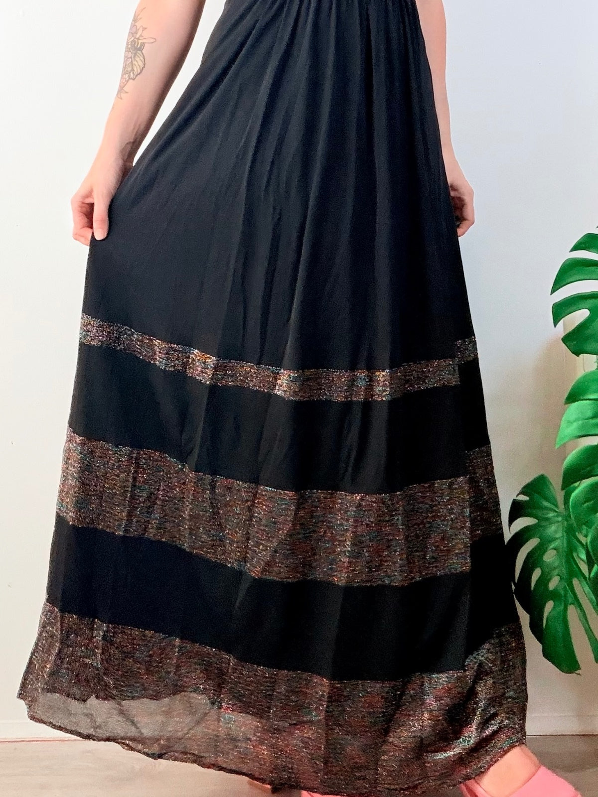 Vintage 1970s Maxi Dress Black Retro Party Dress with Glitter Stripes Size 10