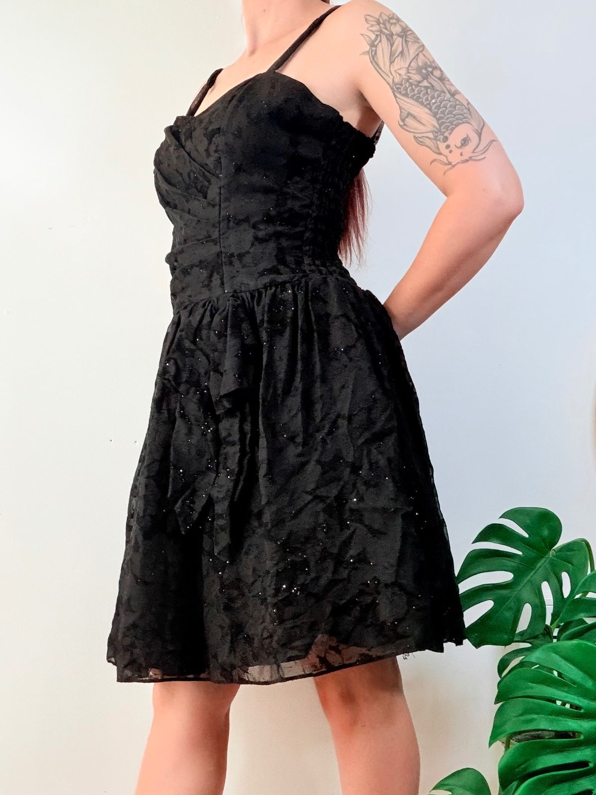 vintage 1980s Party Dress Black Sparkly A line Sweetheart Neckline Size 10 to 12
