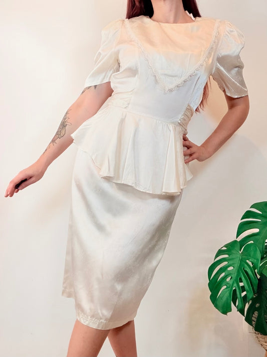 Vintage 1980s Cocktail Dress Cream Satin Peplum Dress with Bow Back Size 10