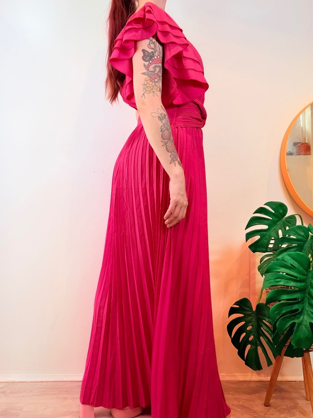 Vintage 1980s Maxi Dress Pleated with Ruffle Sleeves and Waist Tie Size 14
