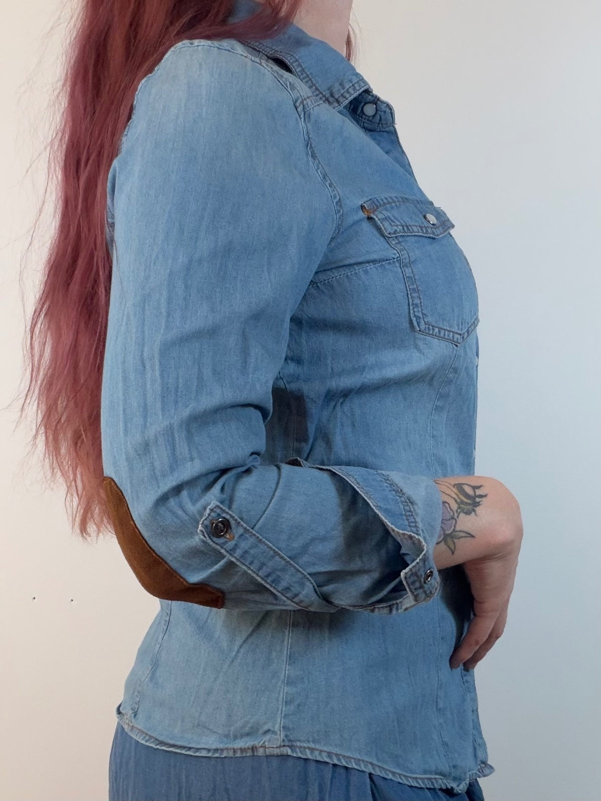 Vintage Fitted Denim Shirt with Brown Elbow Patches Long Sleeve Size 12 to 14