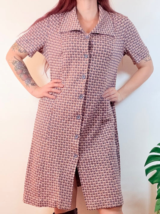 Vintage 1970s shirt Dress Button Front Midi with Pockets Short Sleeves Size 18
