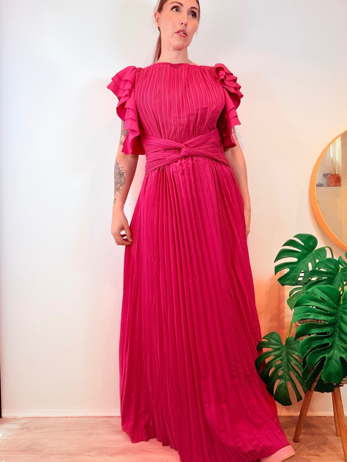 Vintage 1980s Maxi Dress Pleated with Ruffle Sleeves and Waist Tie Size 14