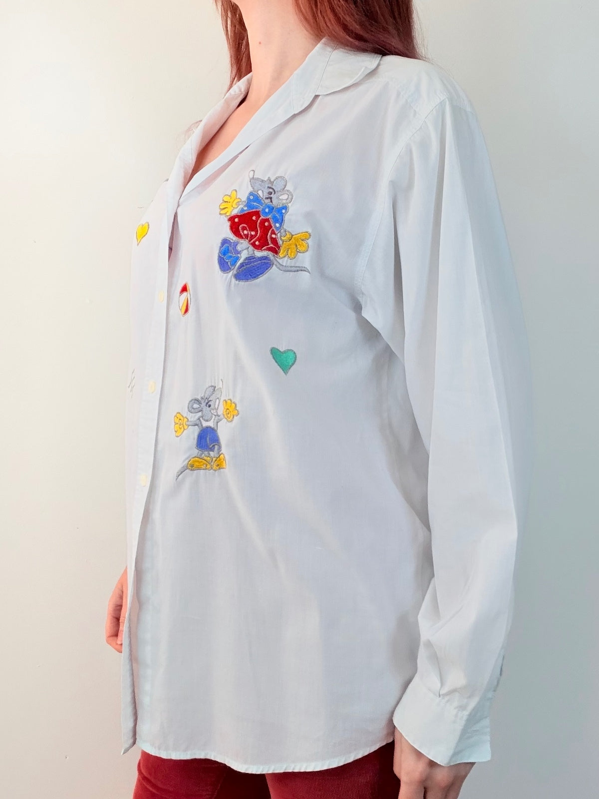 vintage 1980s White Shirt with Retro Embroidered Mice and Hearts Size 16 to 18