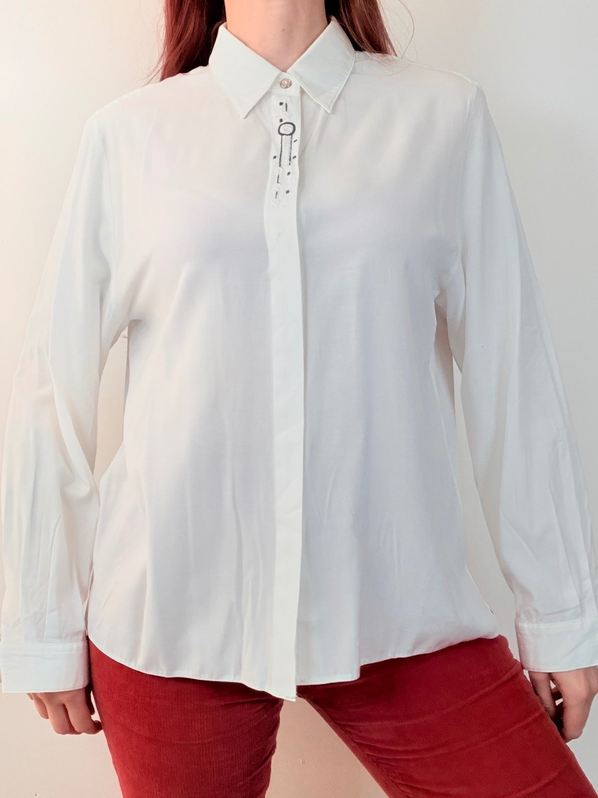 Vintage 1980s White Long Sleeve Shirt with Embroidered Detail Size 14 to 16