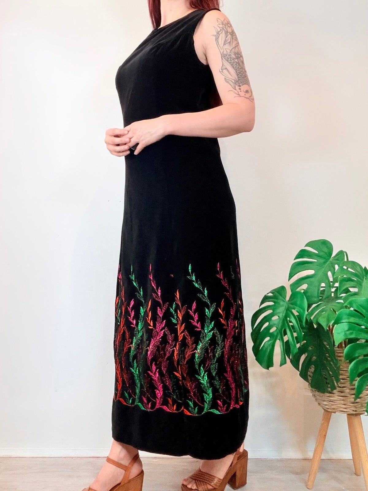 Vintage 1970s Velvet Maxi Dress with Whimsigoth Embroidered Leaf Pattern Size 14