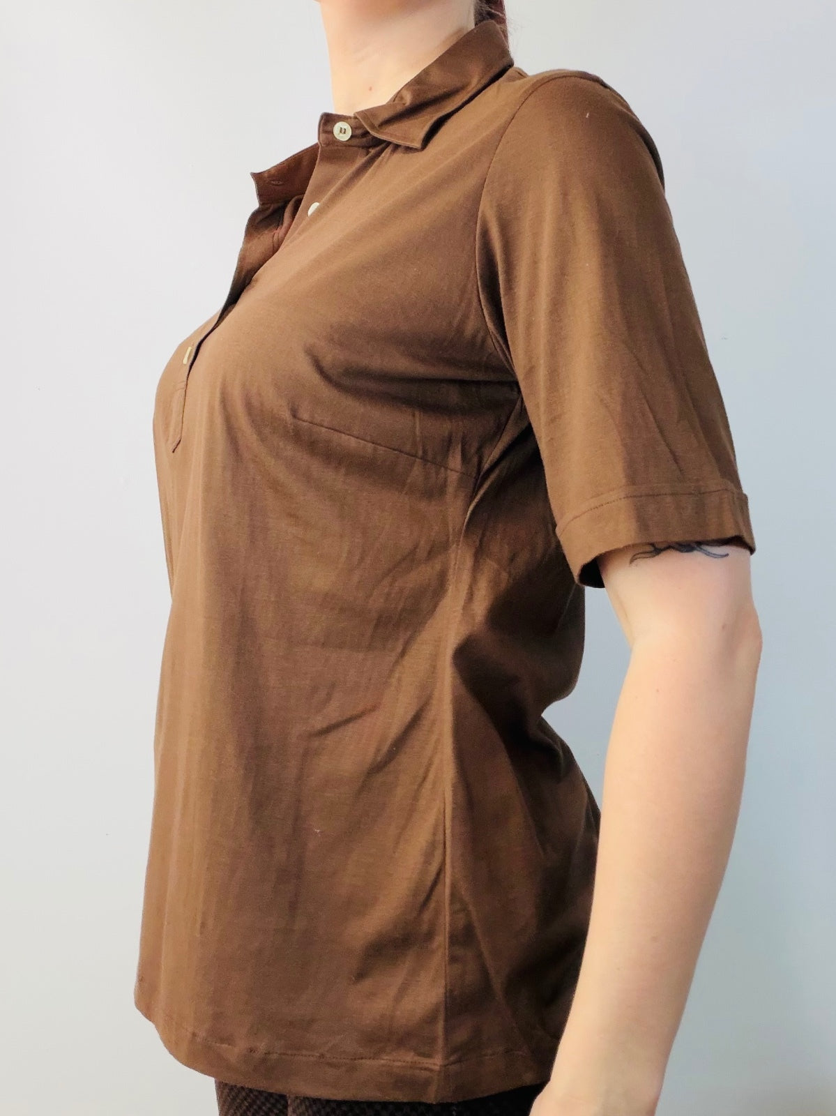 Vintage 1970s Polo Shirt Single Stitch Brown Retro Cotton T-shirt Size 14 to 16