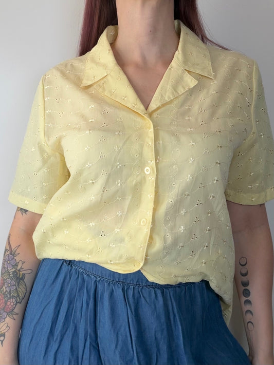 Vintage Cottagecore Yellow Blouse Eyelet Button Up Shirt Size 14