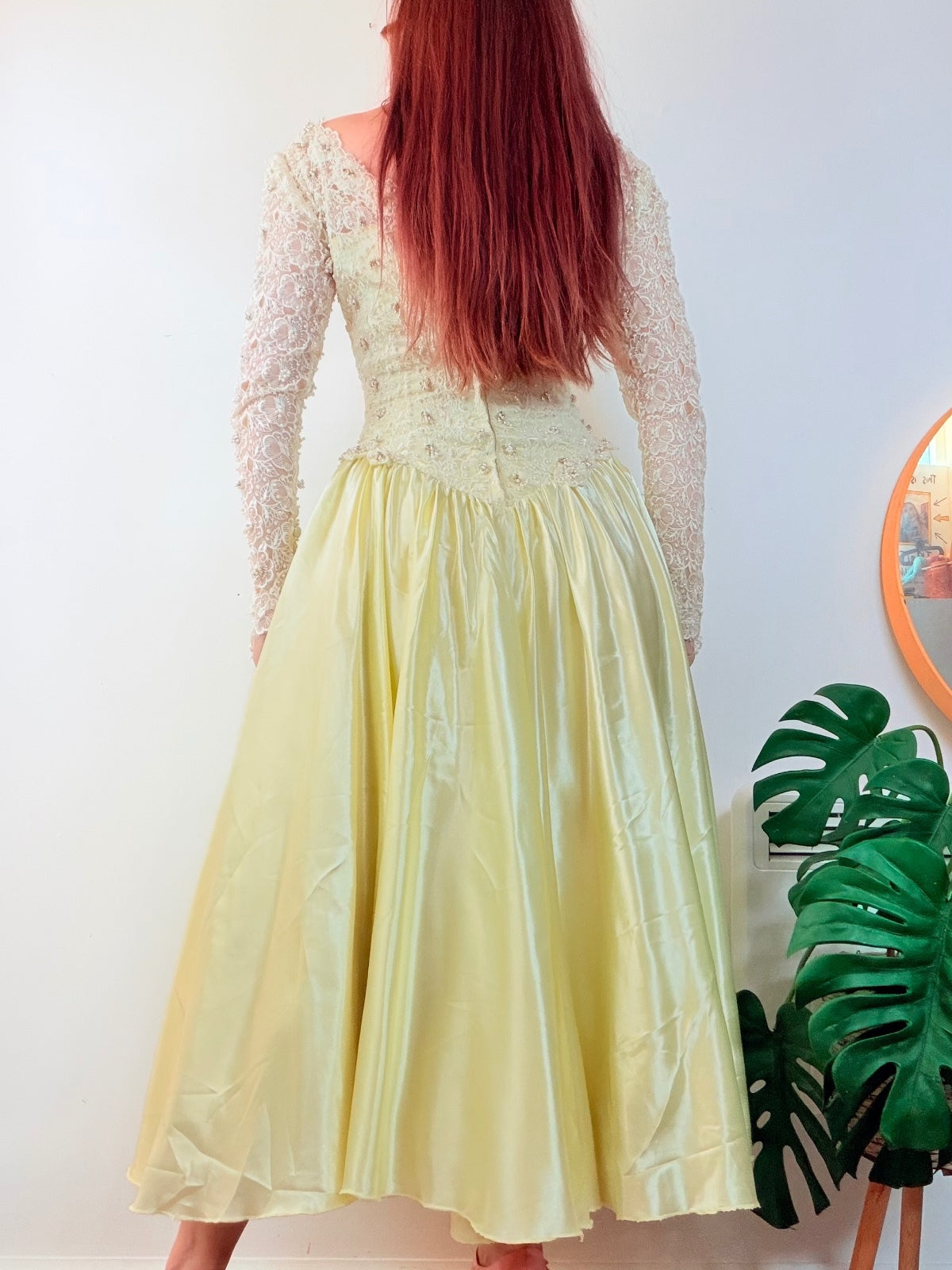 Vintage 1990s Cocktail Dress Lace Beaded Bridal Prom Gown Size 8 Yellow Satin