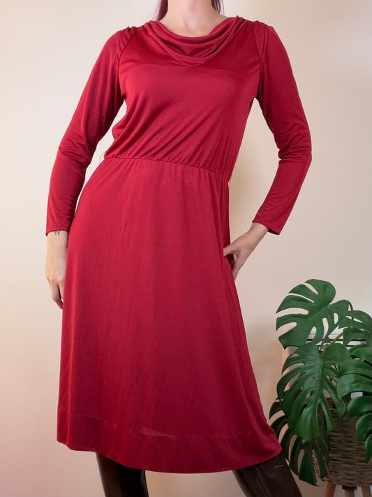 Vintage Red Midi Dress with Long Sleeves and Draped Neckline size 16