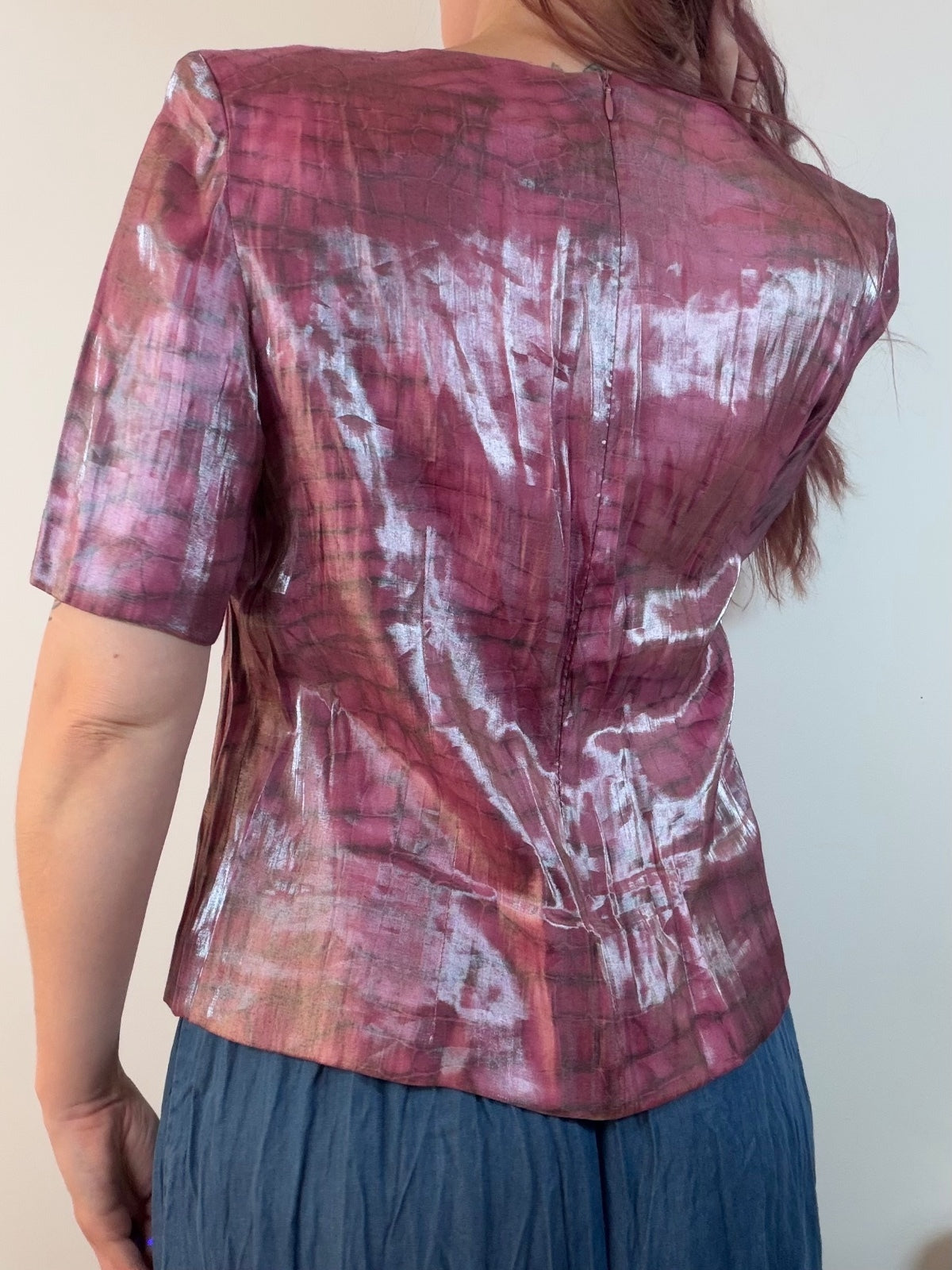 Vintage 1980s Blouse Shiny Pink Crocodile Patterned Top with Square Neck Size 16
