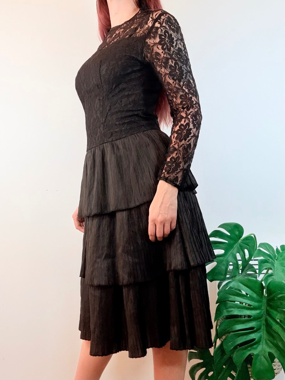 3 Suisses Party Dress Black Lace and Tiered Skirt Midi Dress Size 12