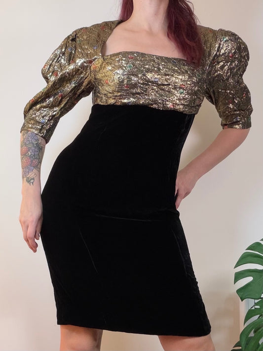 Vintage 1980s Cocktail Dress Black Velvet & Gold Puff Sleeve Dress Size 12
