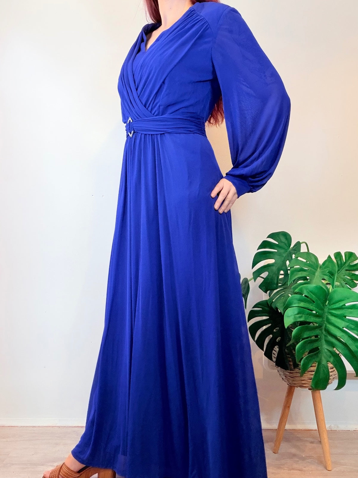 Vintage 1980s Maxi Dress with Belted Waist and Long Sleeves Size 18