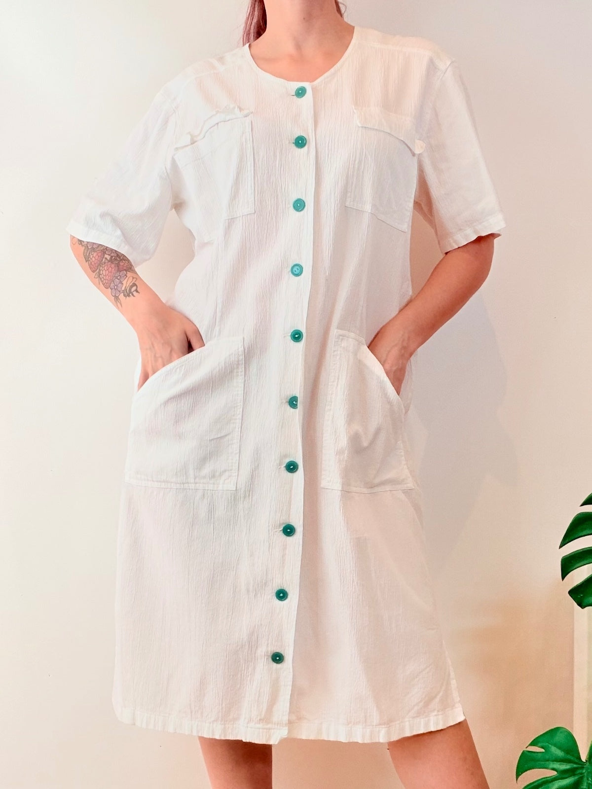Vintage 1980s shirt Dress White Button Front Midi With Pockets Size 16