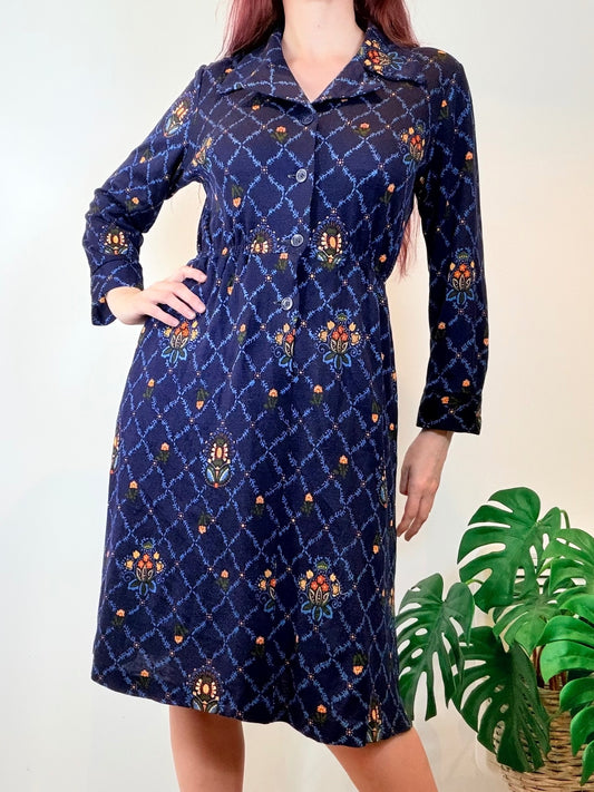 Vintage 1970s Shirt Dress Blue Floral Button Up Dress with Elastic Waist Size 14