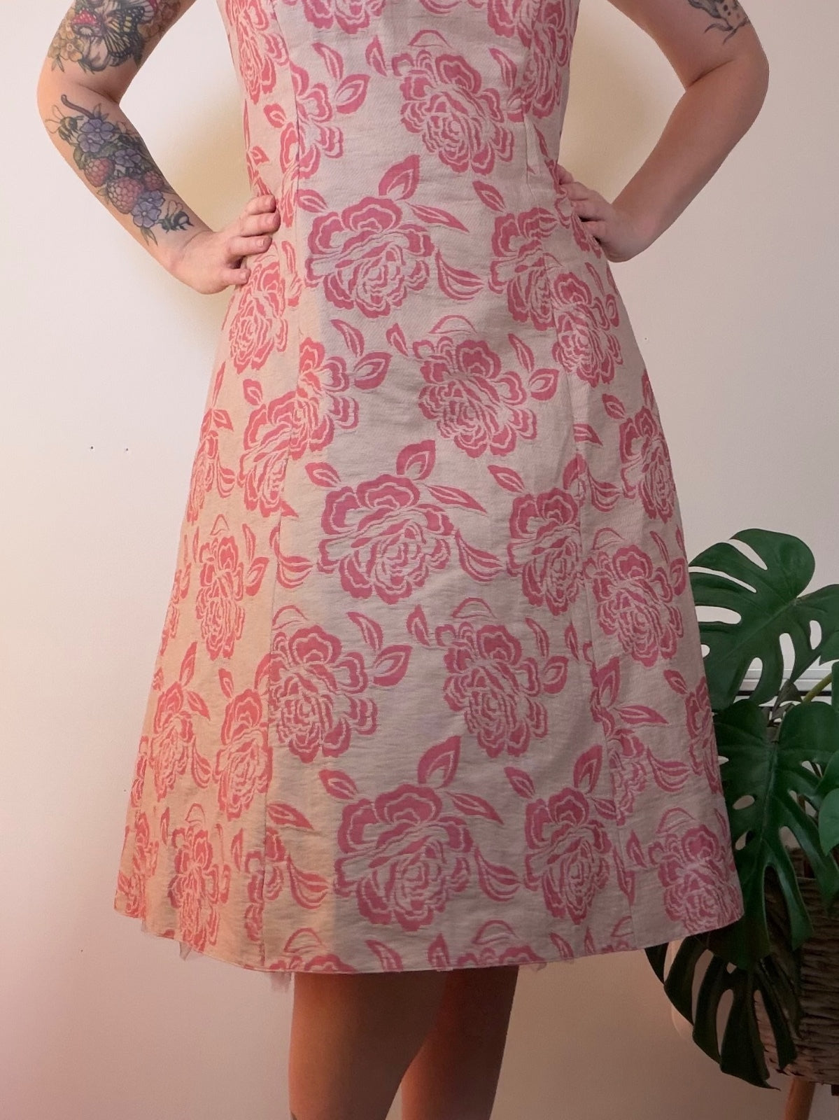 Strapless Floral Midi Dress with Pink Roses on Beige By Roman Size 14