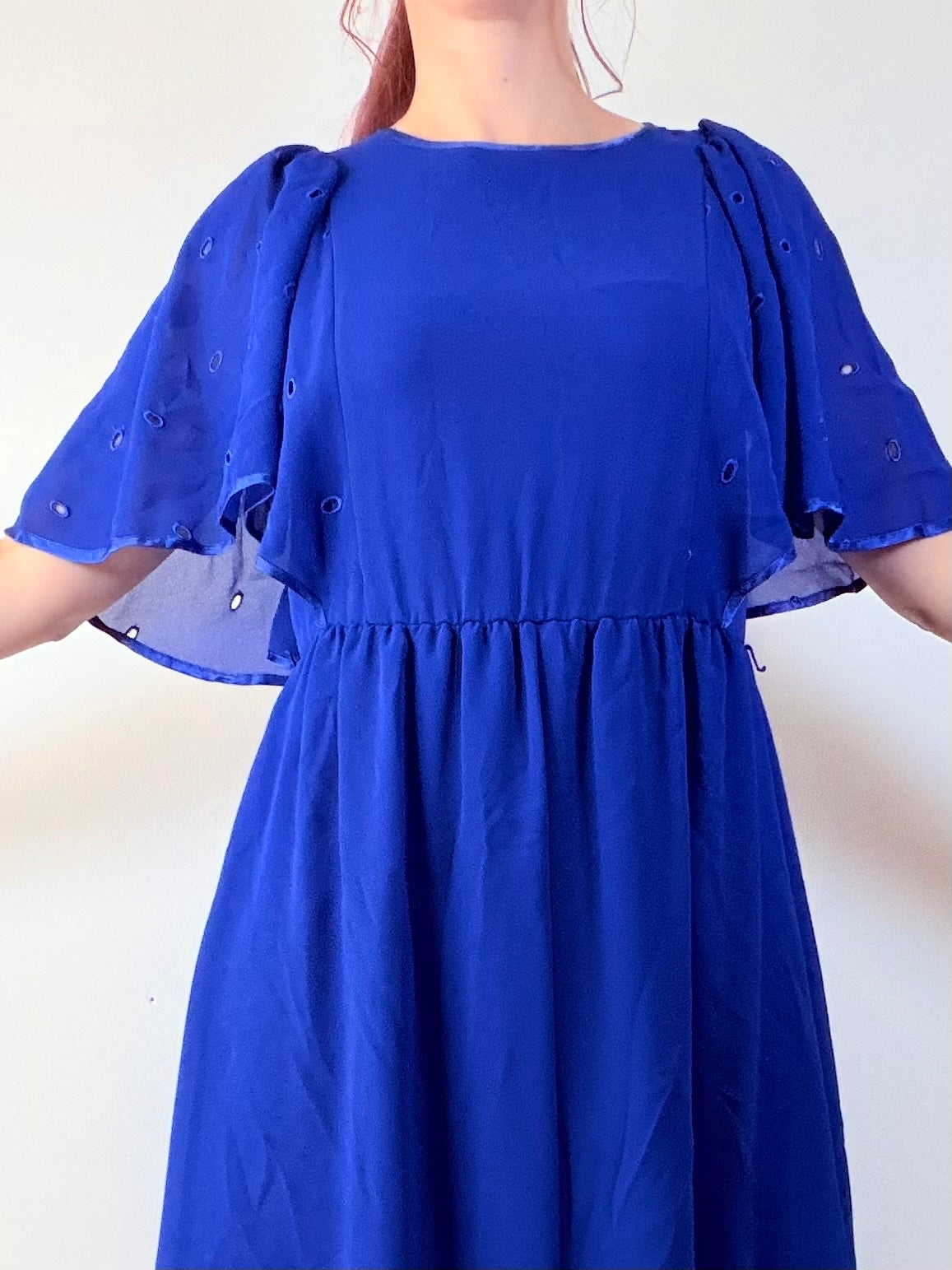 Vintage 1980s Floaty Dress Blue Midi with Eyelet Cape Sleeves Size 14