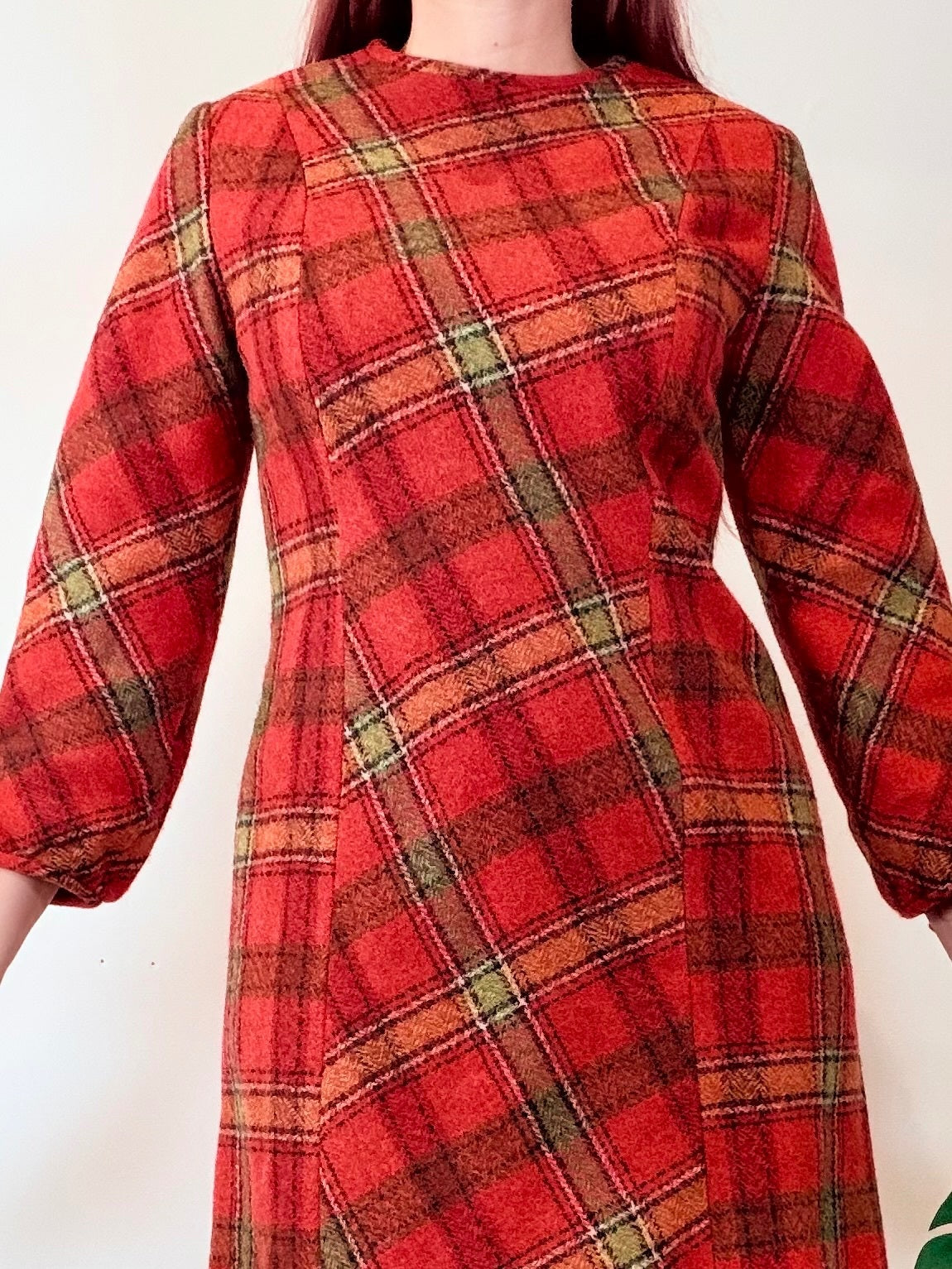 Vintage1970s Tartan Dress Red Plaid Wool With tie Cuff Sleeves Size 12 to 14