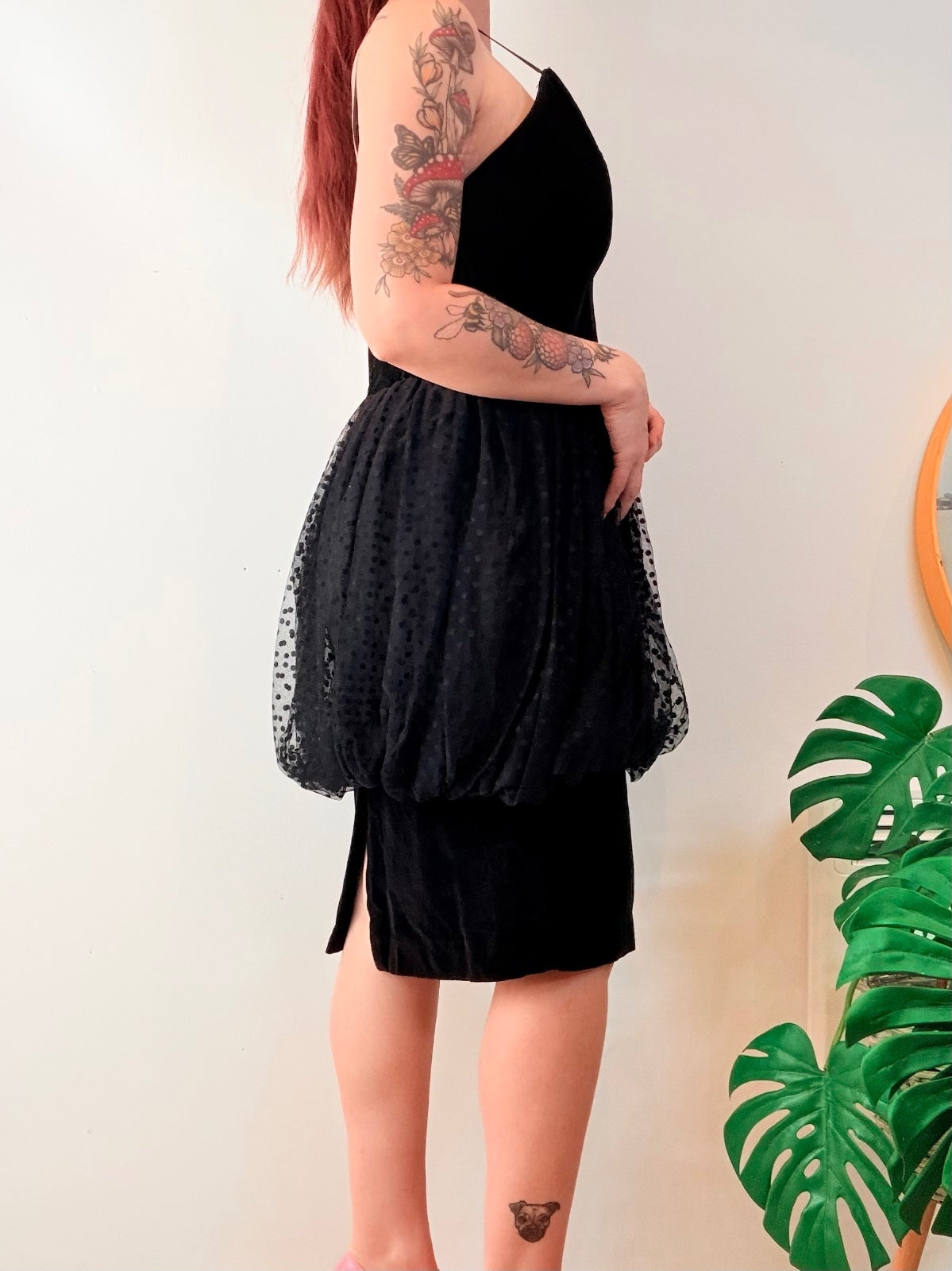 Vintage 1980s Party Dress Black Velvet and Tulle Retro Bubble Dress Size 14