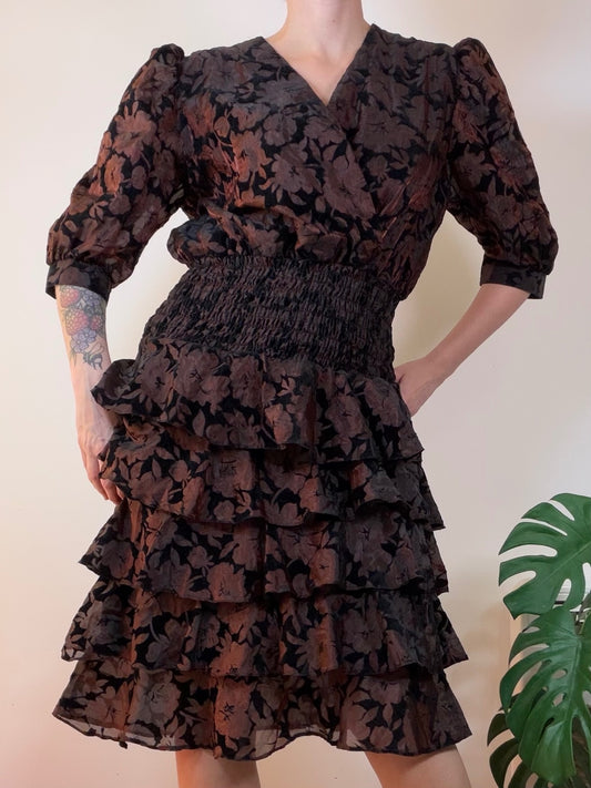 Vintage 1980s Floral Ruffle Dress with Puff Sleeves and Smocked Waist size 10 12