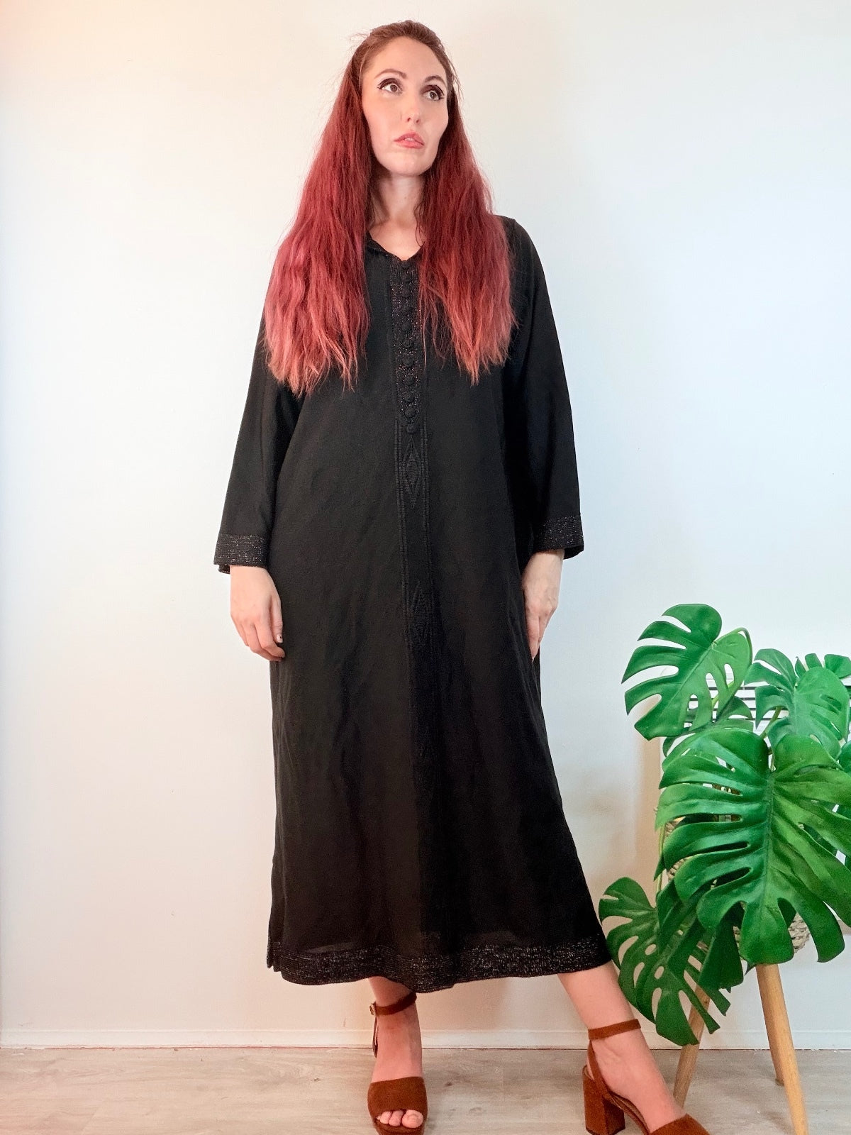 Vintage Black Hooded Kaftan Maxi Dress with Intricate Trim Size L 16 20