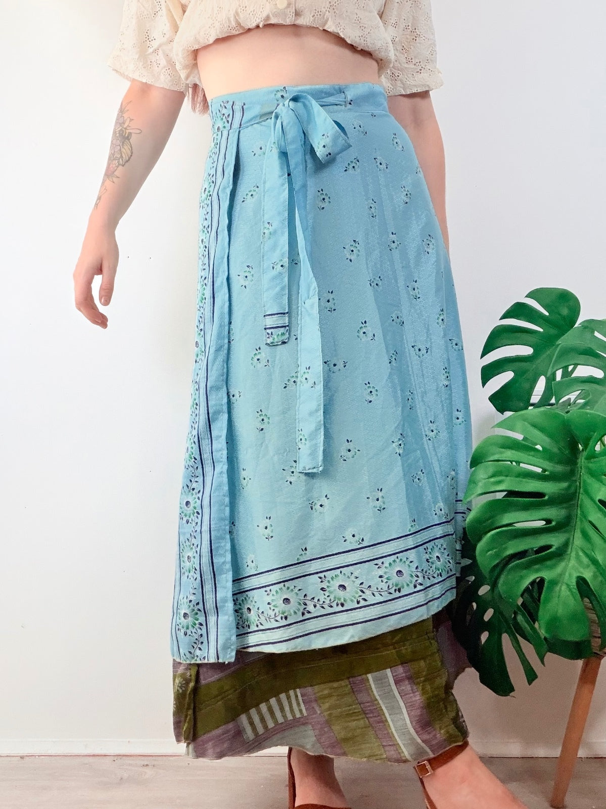 Bohemian Two Layer Wrap Skirt in Blue and Green Handmade Sari Rework free size