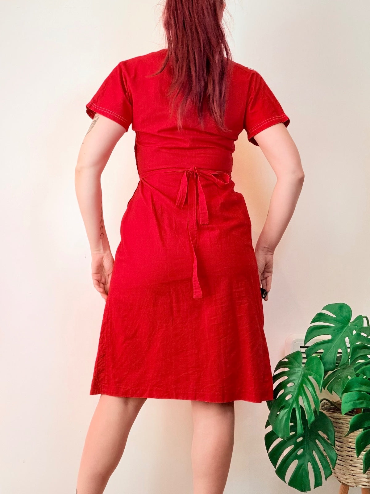 Vintage 1990s Shirt Dress Red Cotton Midi with Pleated Skirt and Collar Size 12