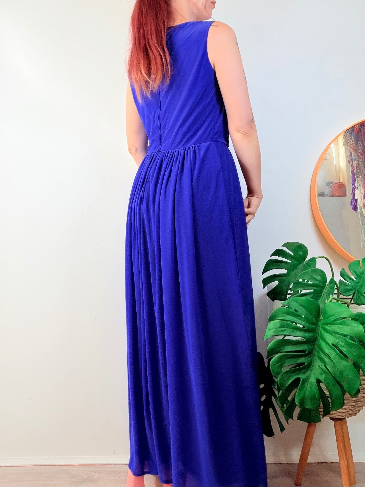 Vintage 1980s cocktail Dress Blue Maxi Party Gown with Draped Neckline Size 14