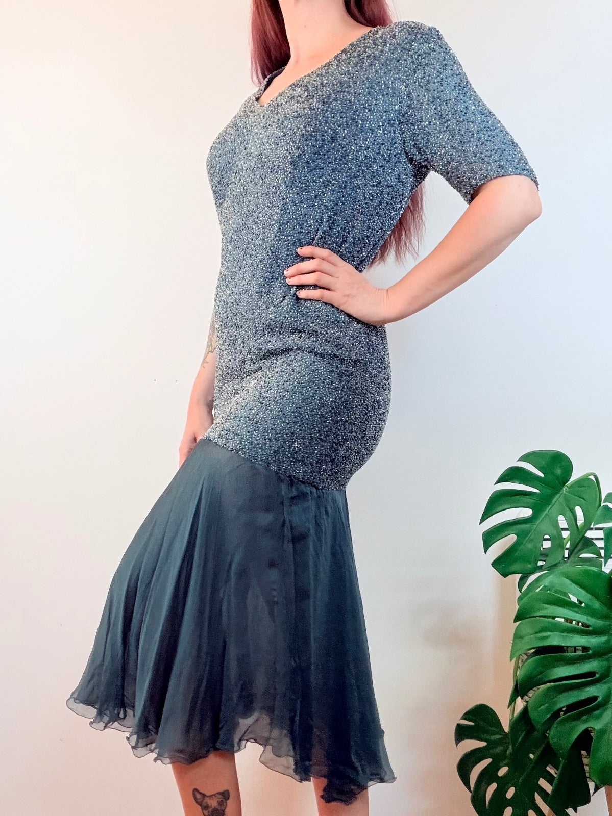 Vintage 1980s Cocktail Dress Beaded Embroidered and Sheer Flared Hem Size 14