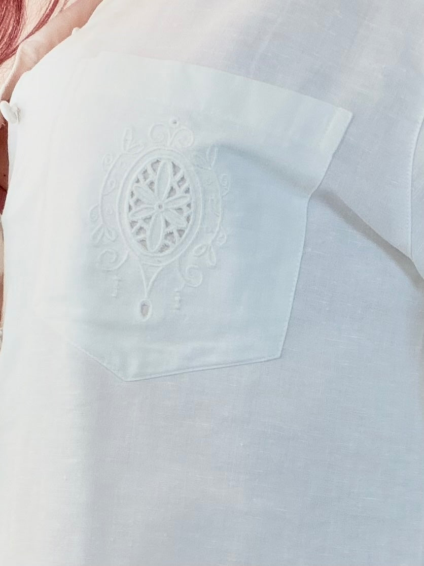 Vintage 1990s White Shirt Linen cotton with Embroidered Pocket size 16