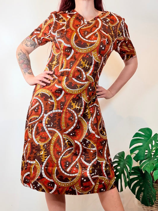 Vintage 1970s Mod Dress Brown & Orange Retro Swirl Midi Dress Size 14 to 16
