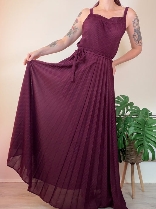 Vintage 1070s Maxi Dress Sheer Burgundy long Dress with Pleated Skirt Size 12 14
