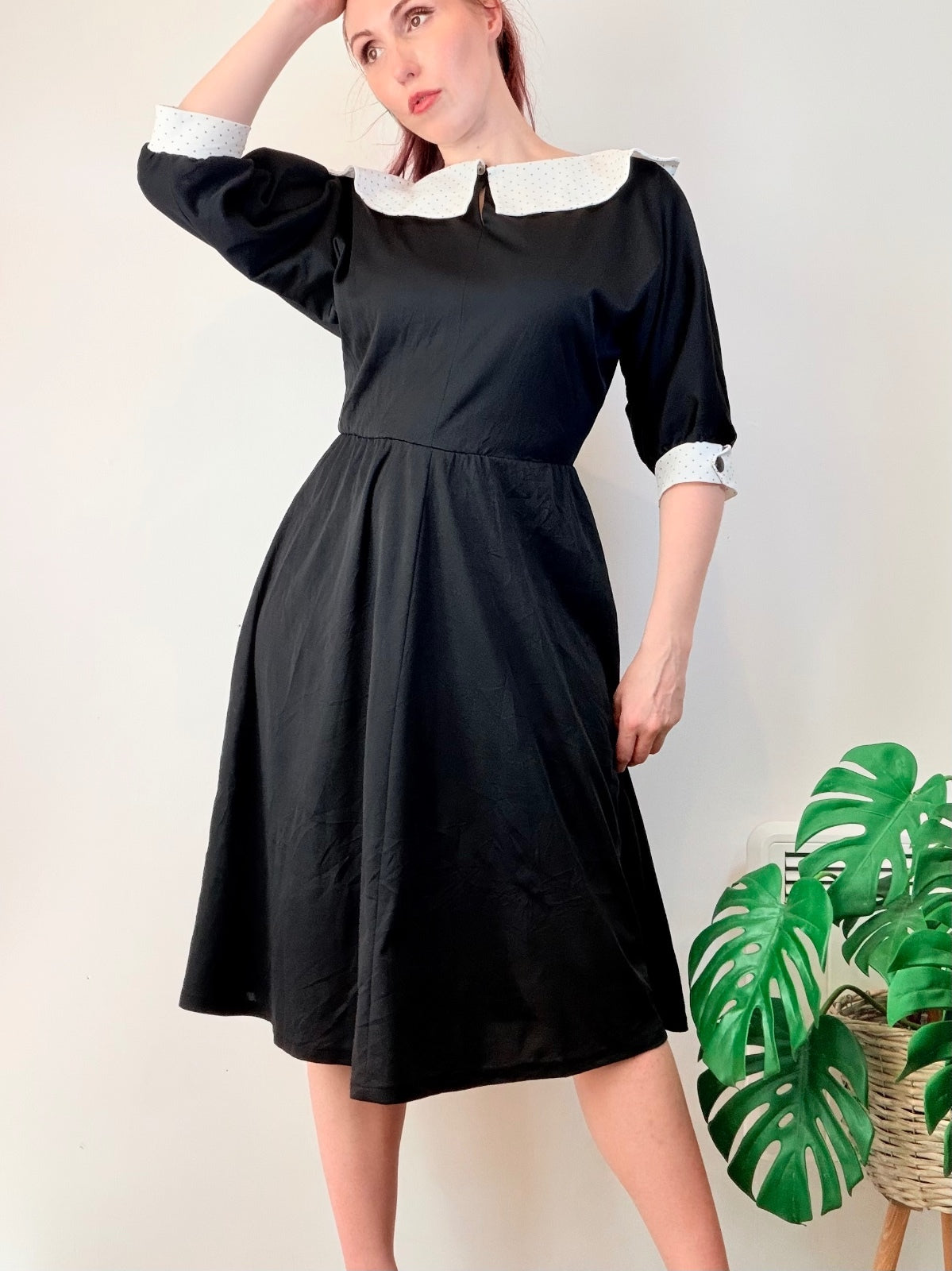 Vintage 1980s Black Dress Midi 3/4 Sleeves Polka Dot Collar and Cuffs Size 12