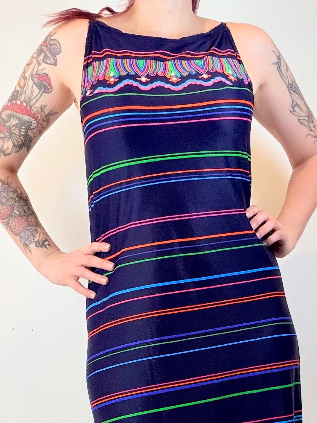 Vintage 1970s Maxi Dress Blue with Stripes and Psychedelic Pattern Size 12