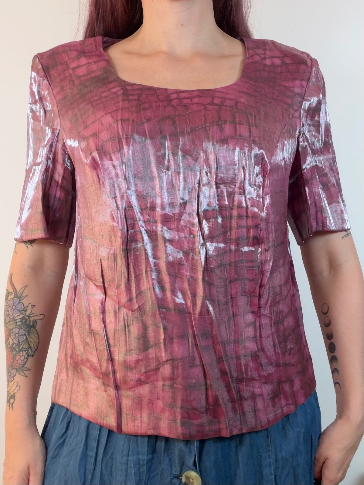 Vintage 1980s Blouse Shiny Pink Crocodile Patterned Top with Square Neck Size 16