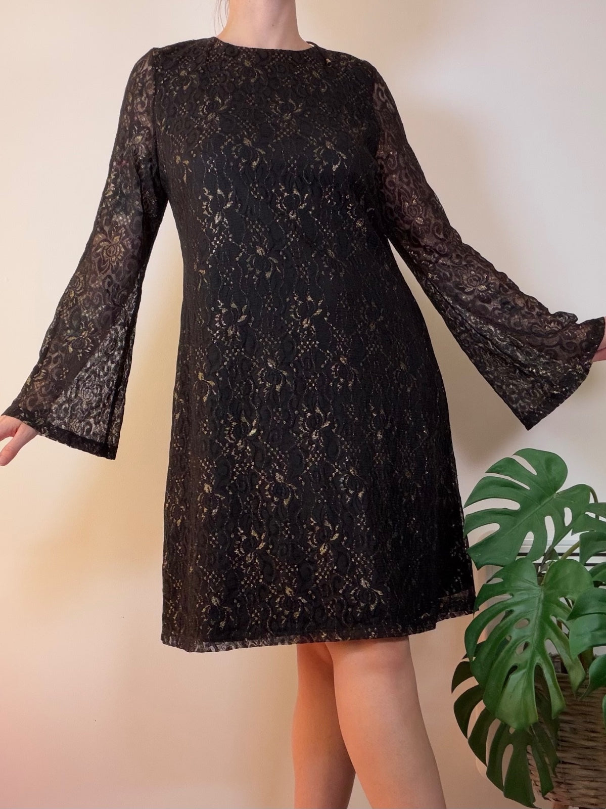 Lace Bell Sleeve Dress with Open Back Black Party Dress Size 14