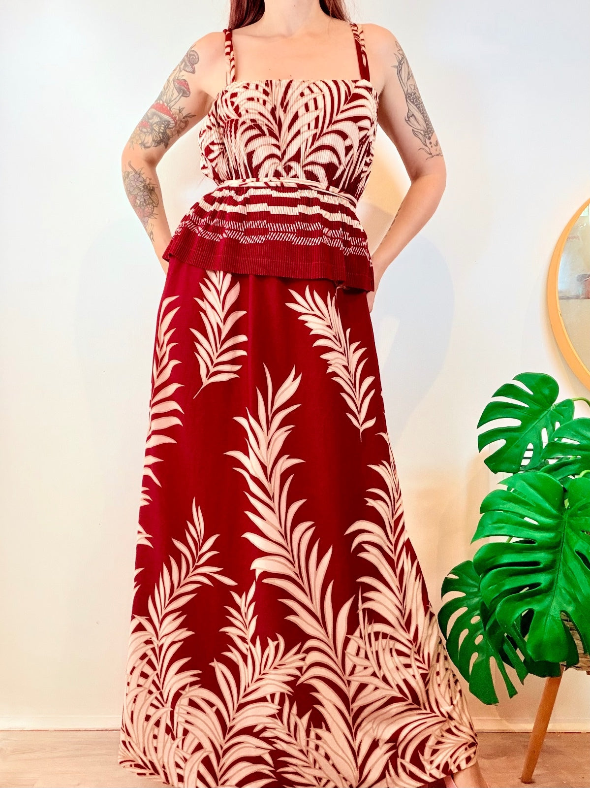 Vintage Maxi Dress Burgundy Cream Leaf Print Long Dress Peplum Waist Size 14