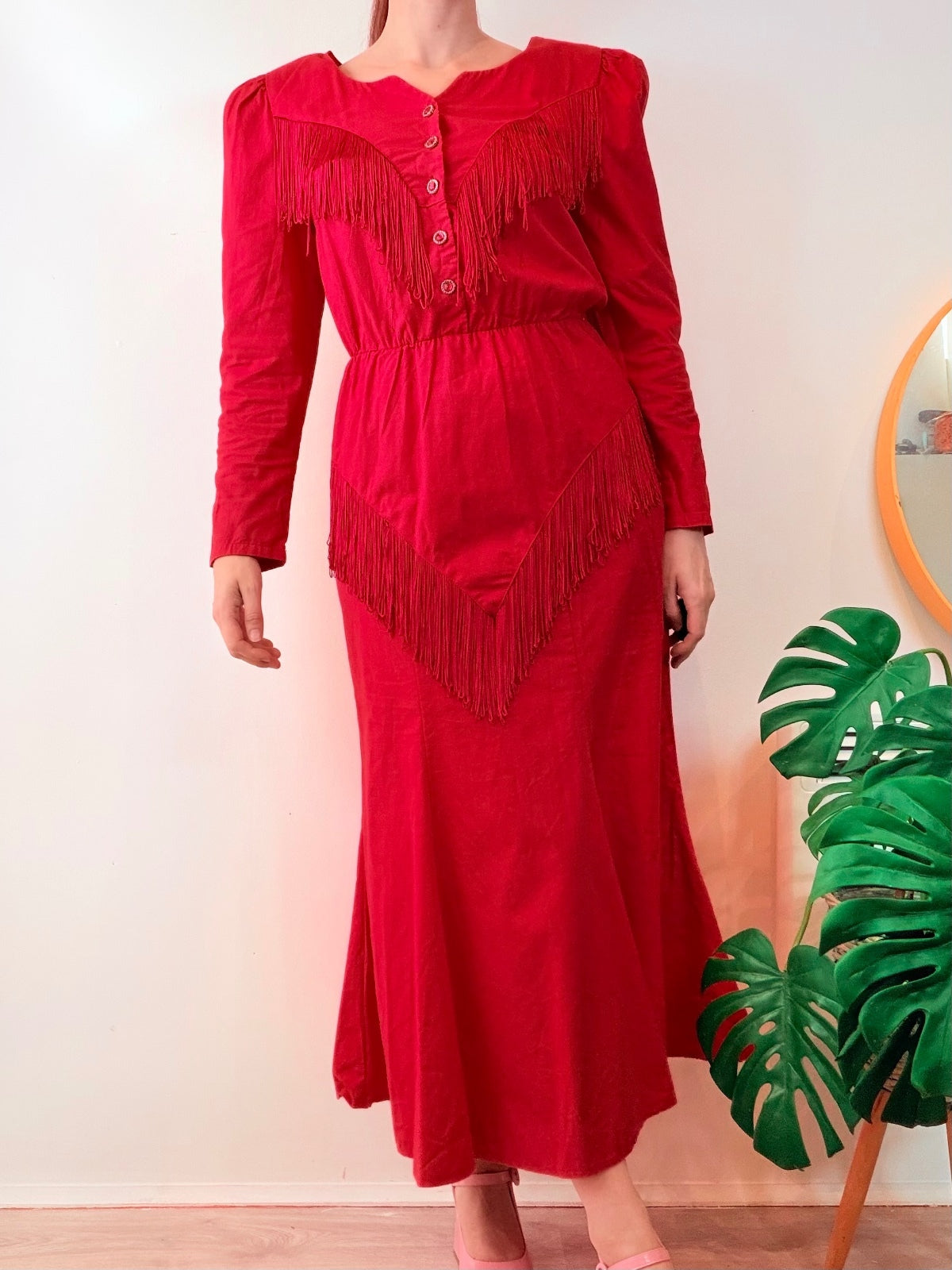 Vintage 1980s Tassel Dress Red Western Fringe Peplum Cotton long sleeve Size 12