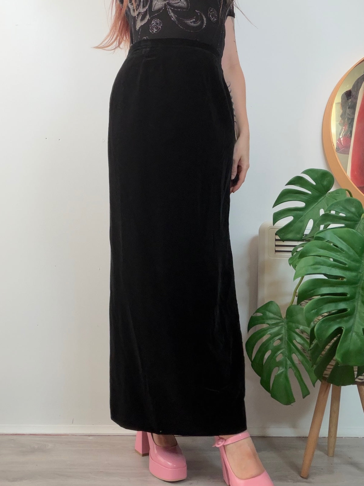 Vintage 1970s Whimsigoth Skirt Long Black Velvet Maxi Skirt Side Slit Size 12