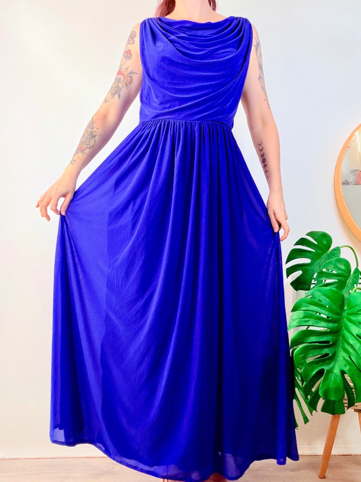 Vintage 1980s cocktail Dress Blue Maxi Party Gown with Draped Neckline Size 14