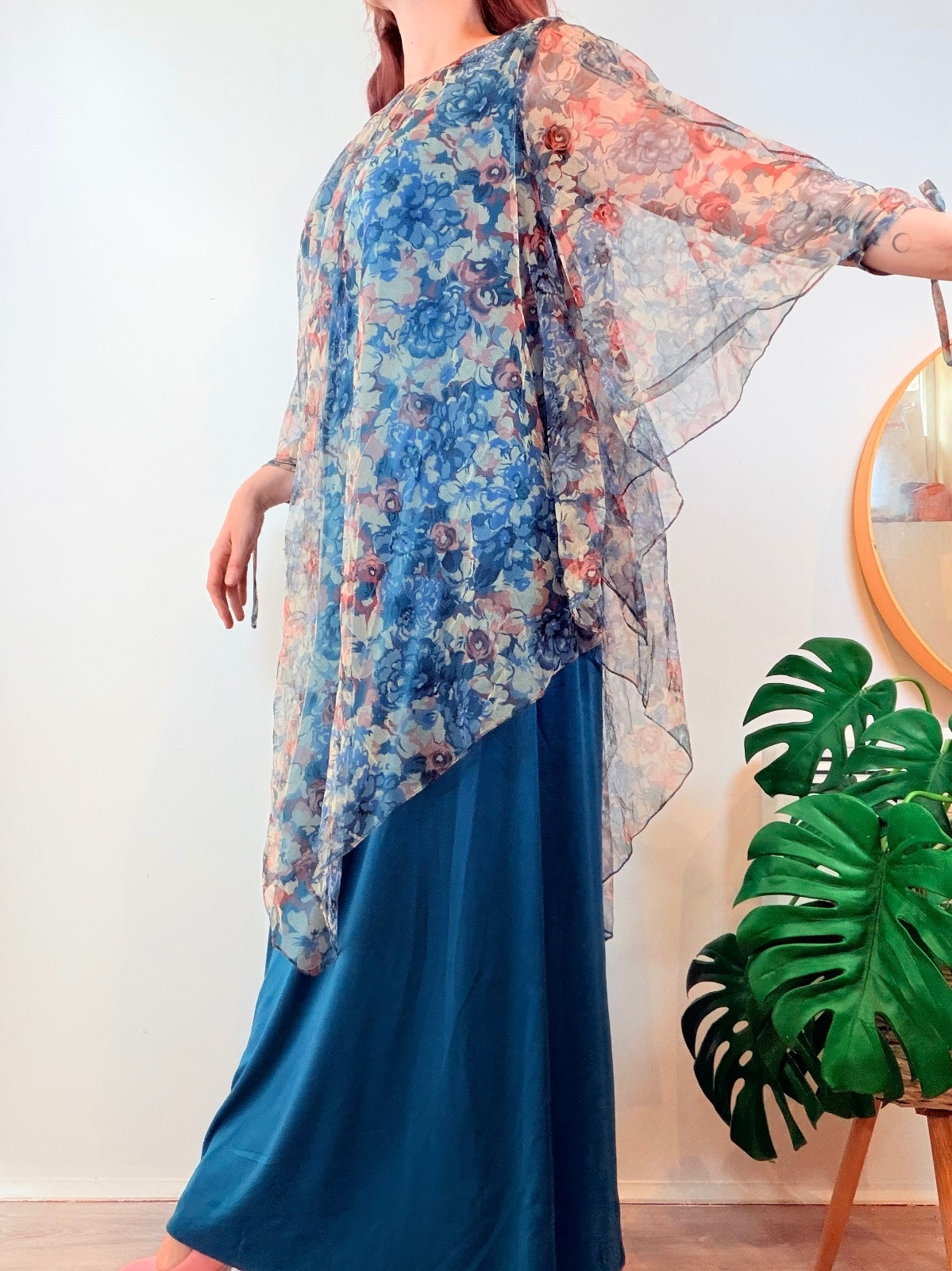 Vintage 1970s Maxi Dress With Flared Sleeves and Floaty Cape Hippie Boho Size 14