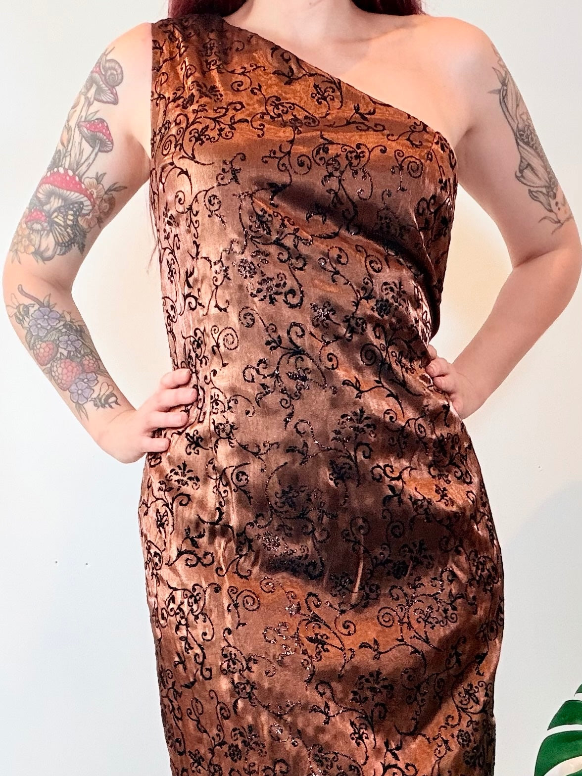 Vintage 1990s Whimsigoth Dress Long Maxi Dress with Elegant Black Swirls Size 14