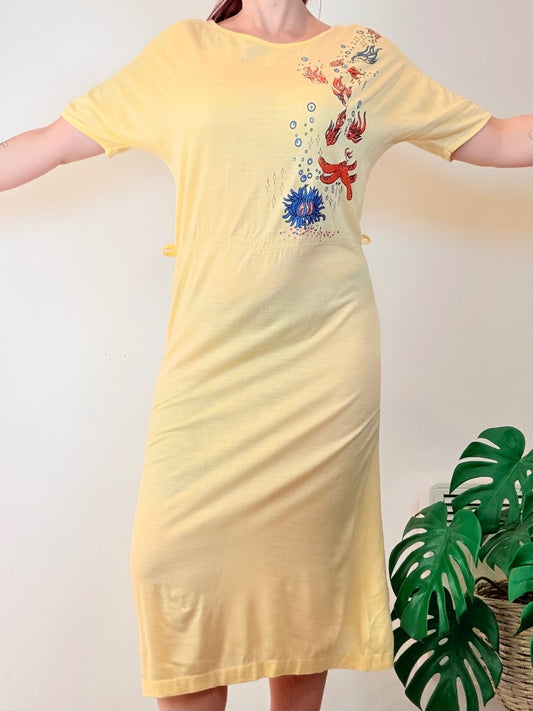Vintage 1980s Summer Dress Yellow Midi Dress with Retro Fish Print Size 12 to 14