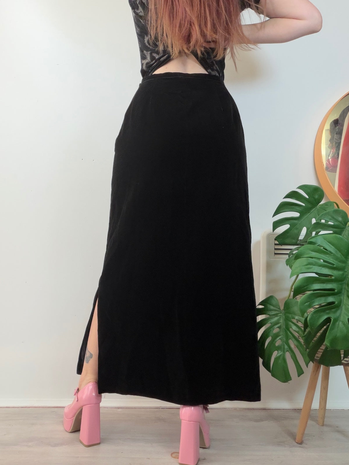 Vintage 1970s Whimsigoth Skirt Long Black Velvet Maxi Skirt Side Slit Size 12