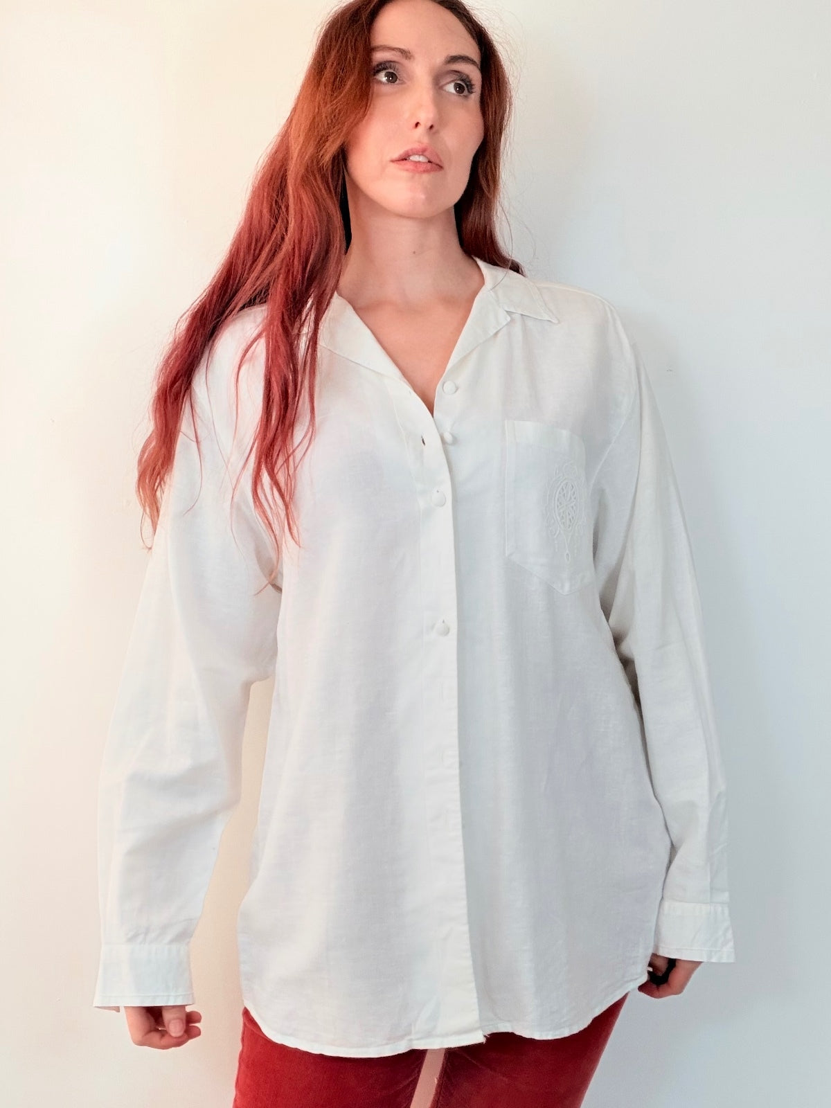 Vintage 1990s White Shirt Linen cotton with Embroidered Pocket size 16