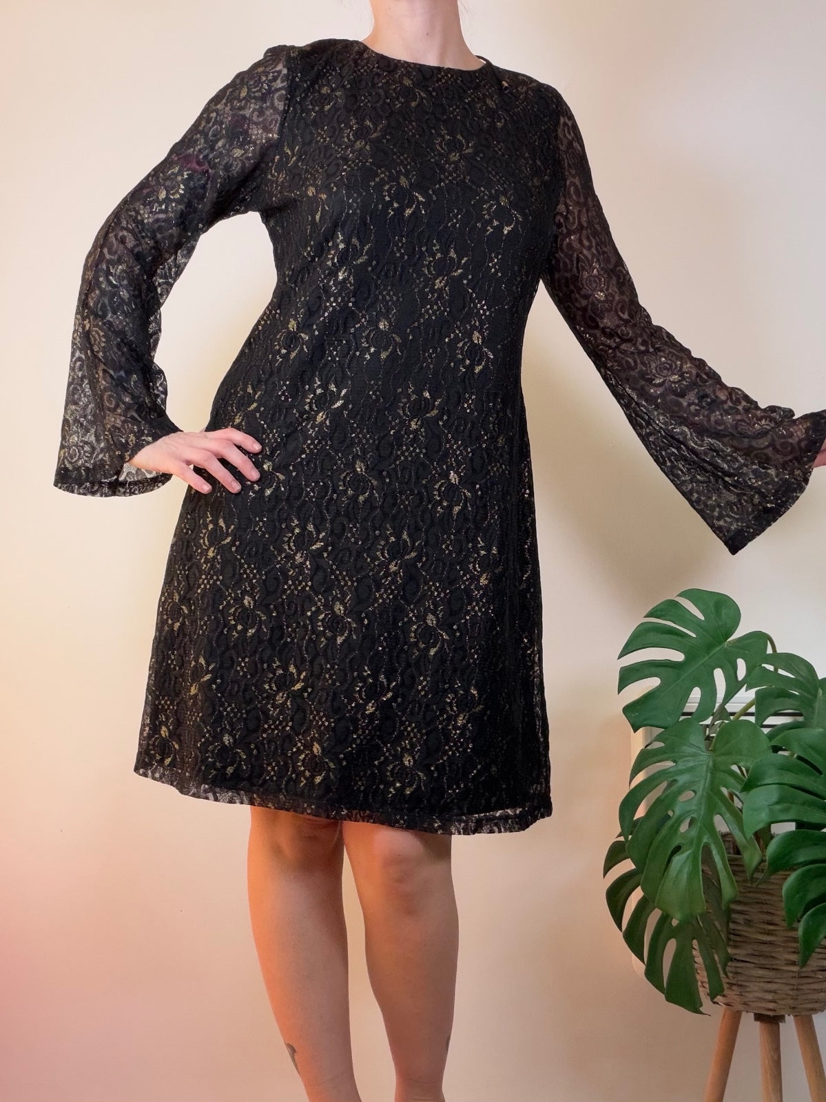 Lace Bell Sleeve Dress with Open Back Black Party Dress Size 14