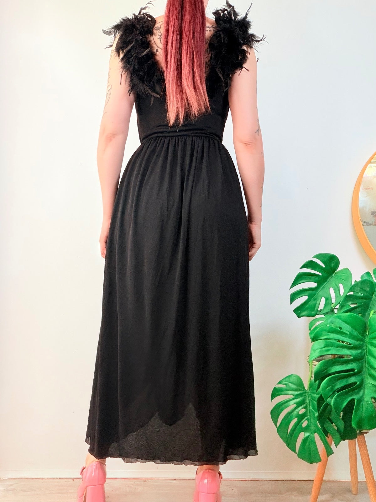Vintage 1980s Cocktail Dress Black layered prom Maxi with Feather Detail size 10