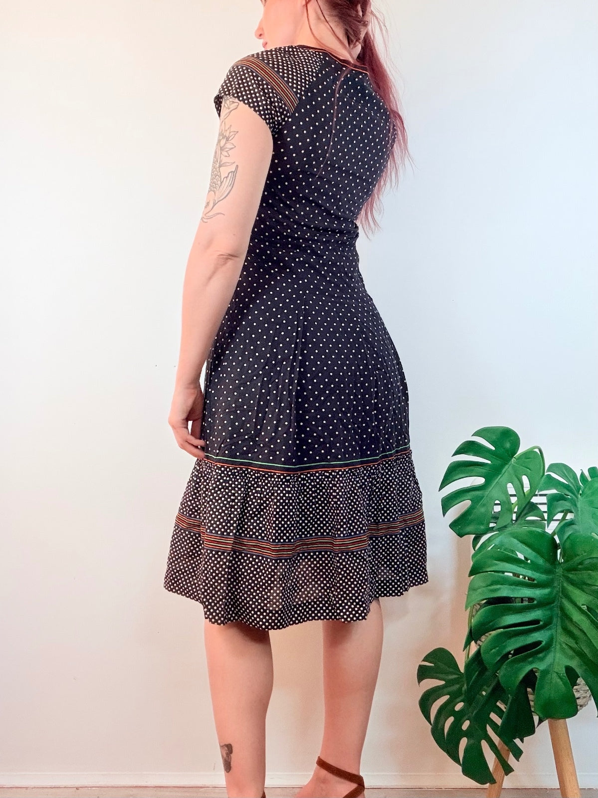 Vintage 1970s shirt Dress Black Polka Dot Midi Dress with Button Detail Size 10